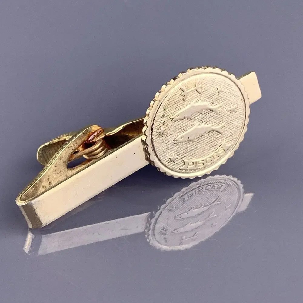 Pisces Fish Water Tie Clip Bar Gold Tone Astrology Sign Zodiac Horoscope Vintage
